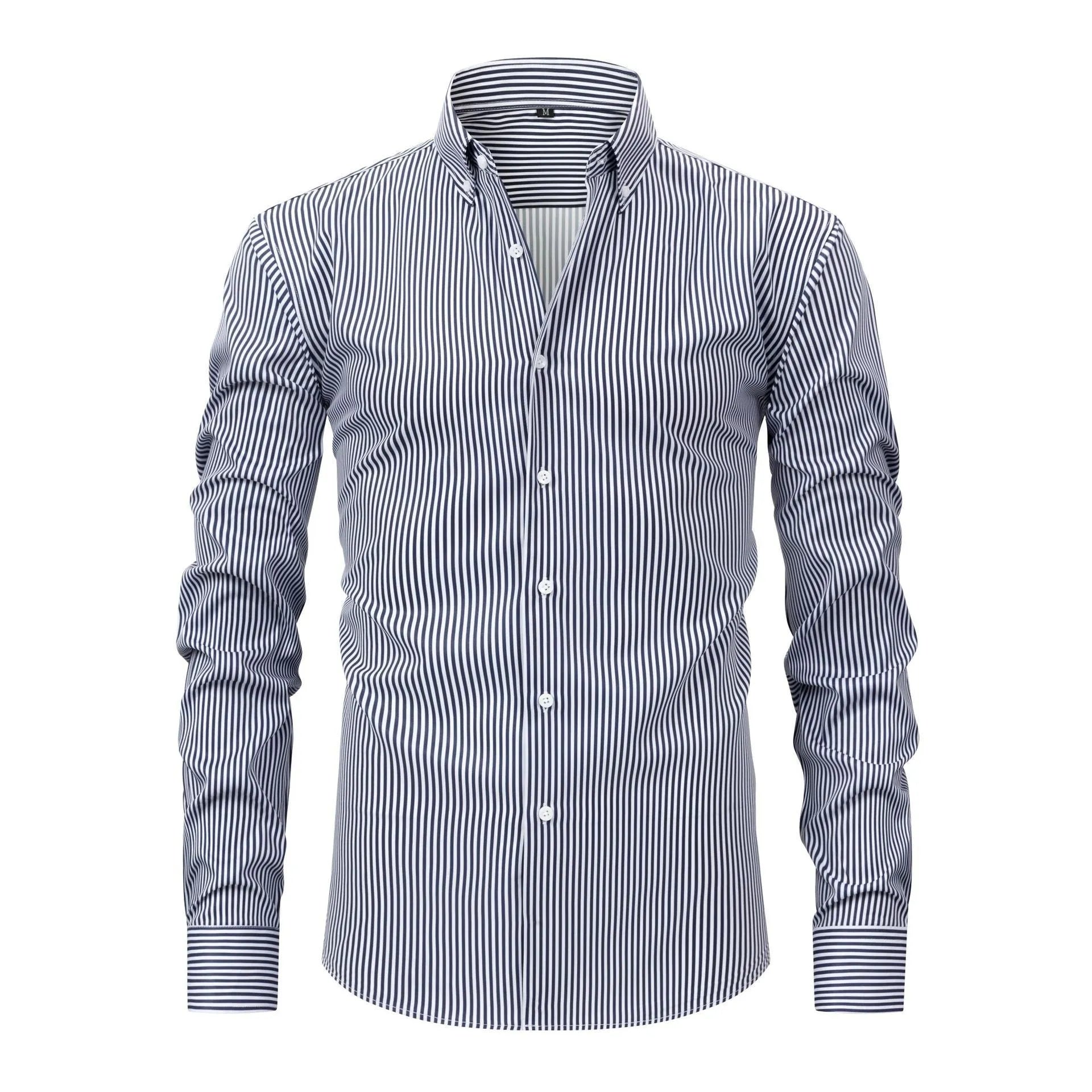 Man wearing a striped long-sleeved business casual shirt with a lapel collar.
