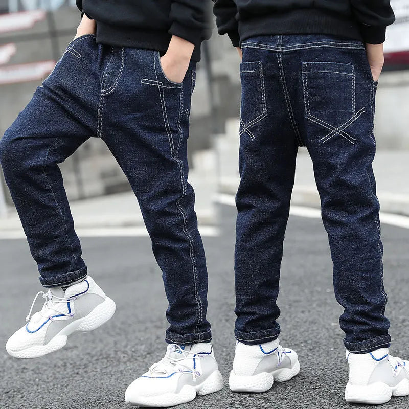 Boys velvet-lined jeans in denim with multiple colour options, size 110-160cm