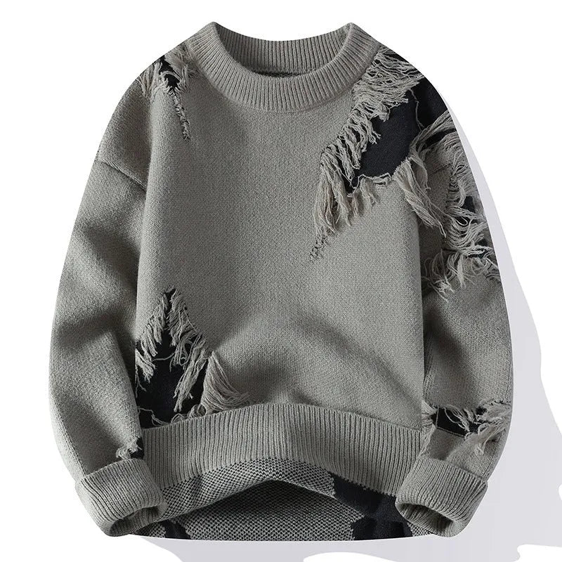 Fashion casual round neck loose men's sweater in black polyester knit, front view
