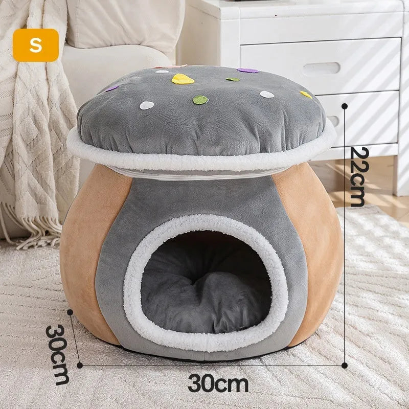 Mushroom-shaped cat nest with plush lining in grey, pink, or purple colours