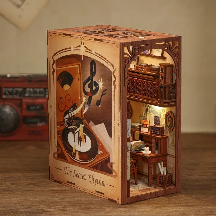 CuteBeediy Green Bamboo Bookstore wooden 3D hand-assembled book stand model with flashing lights on a wooden surface