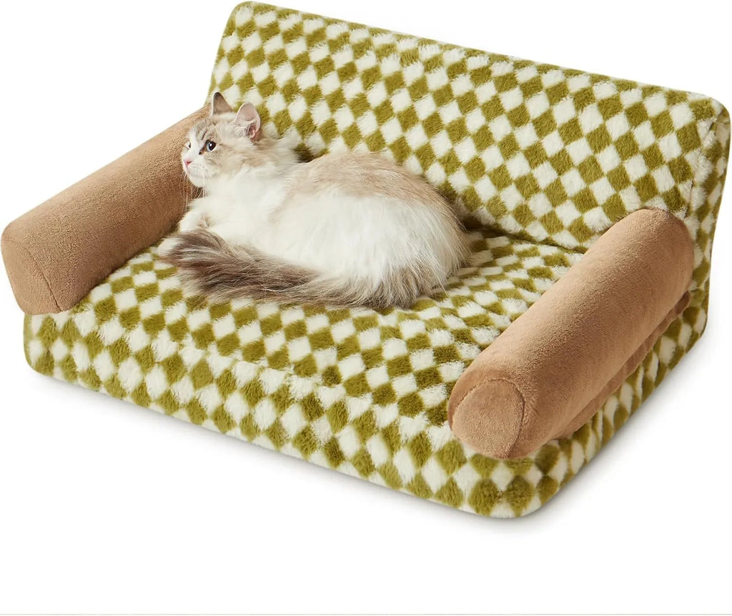Grey checkered washable pet couch bed for small cat or dog on a wooden floor.