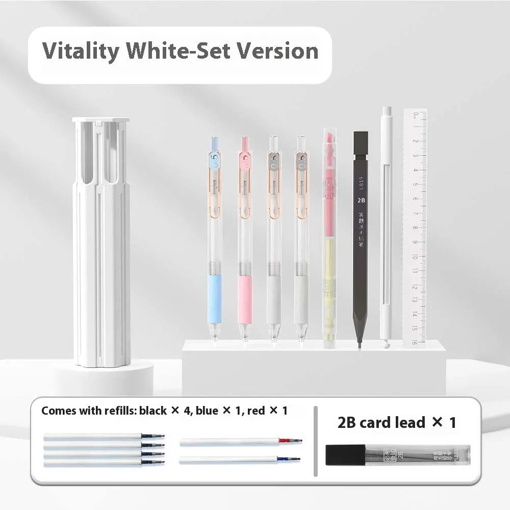 Plastic pencil case kit with pressing pen slots holding six pens in sky blue colour