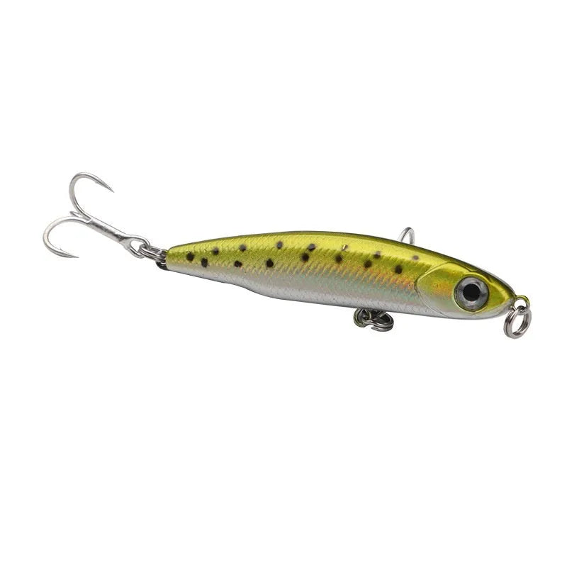 Small silver fish lure pencil bait with double hooks, set of five in storage box
