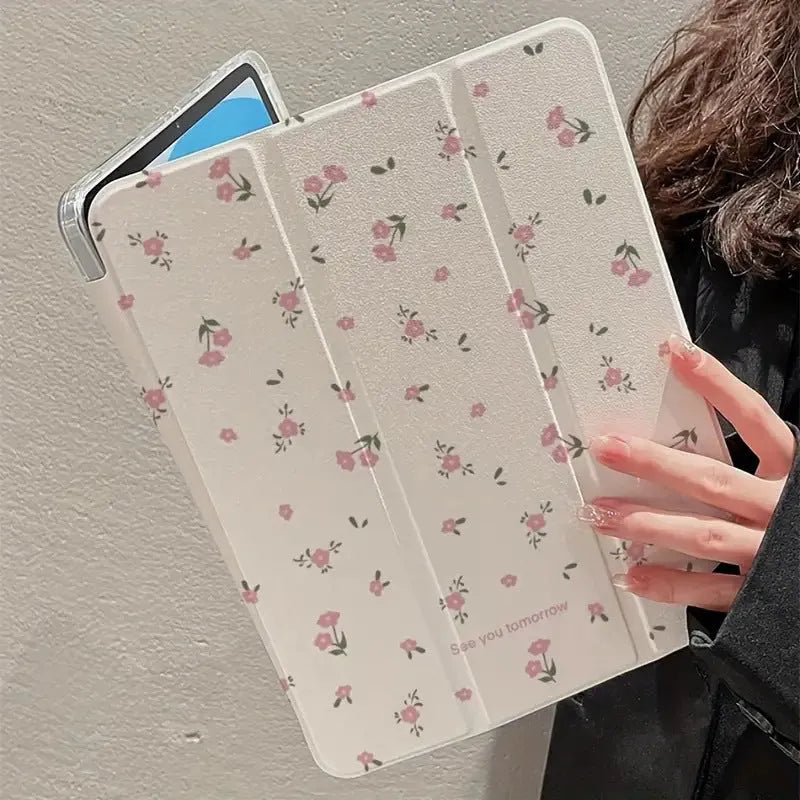 Transparent floral tri-fold protective case for Apple iPad with magnetic stand functionality