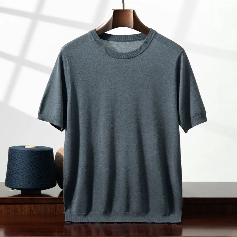 Men's loose-fit knitted casual short sleeve shirt in a choice of eight colours including black, blue, and grey.