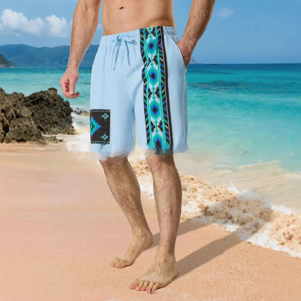 Men's blue digital print casual shorts with colour block pattern and lace-up waist closure