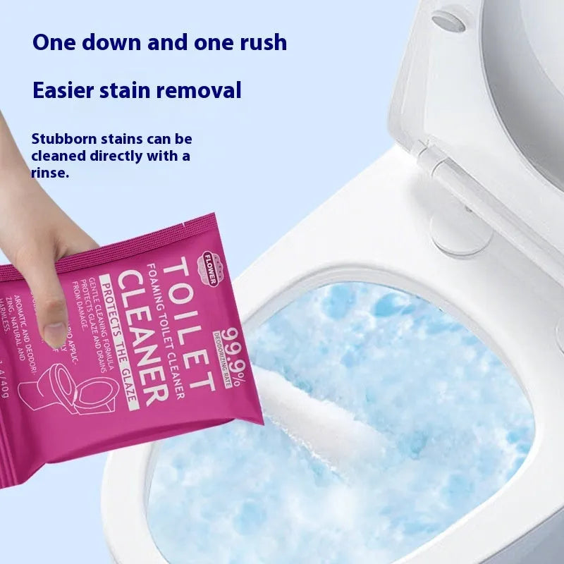 Toilet bubble powder descaling cleaner in blue ocean and pink floral fragrance options with 40g bags and 240g big bag