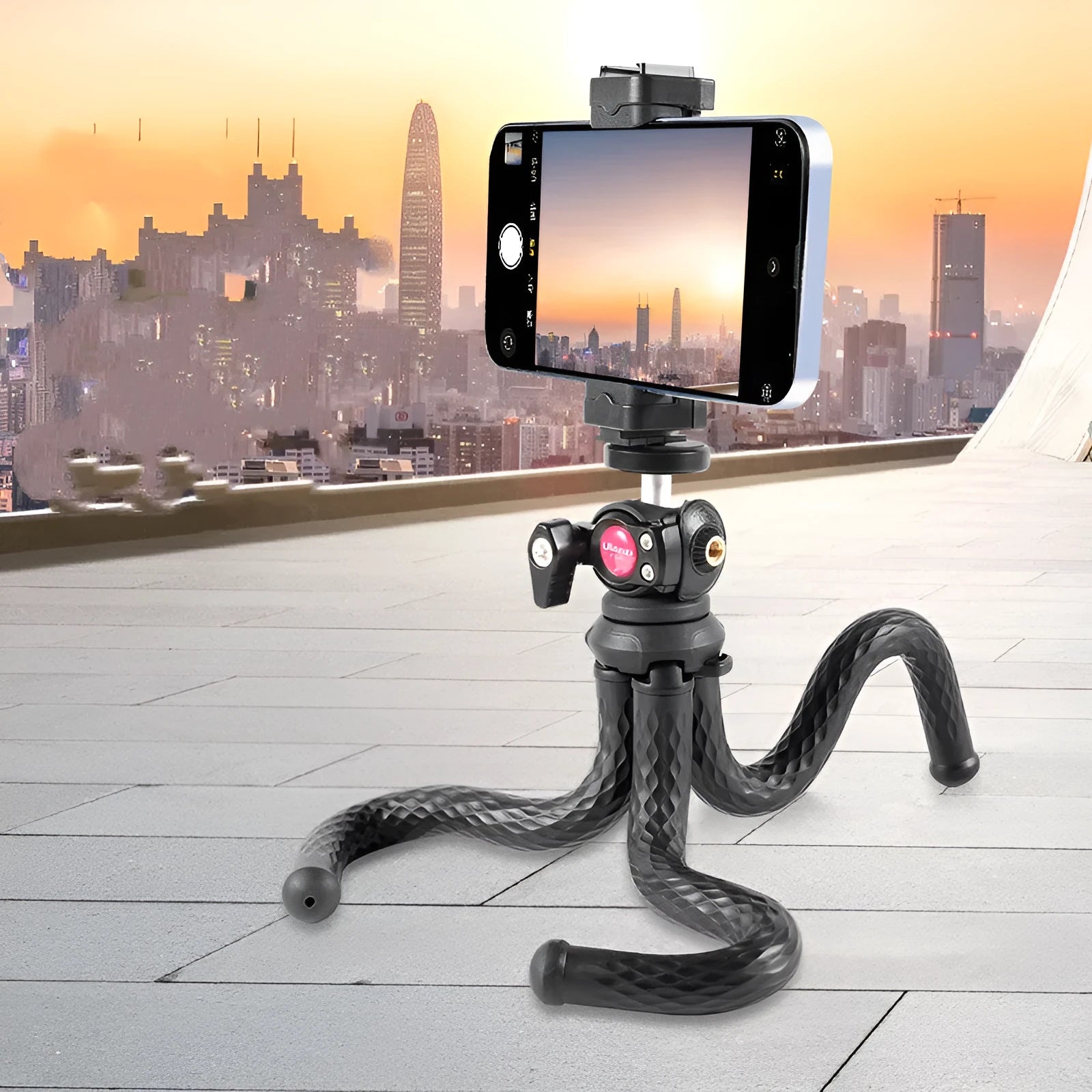 Black octopus-style flexible tripod with phone clip, extended to 360mm.