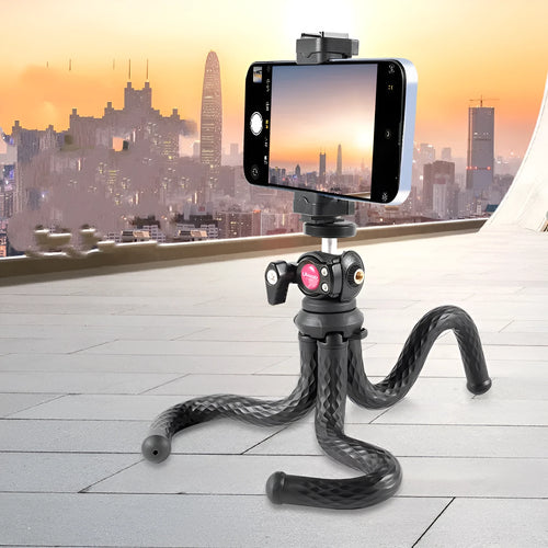 Black octopus-style flexible tripod with phone clip, extended to 360mm.
