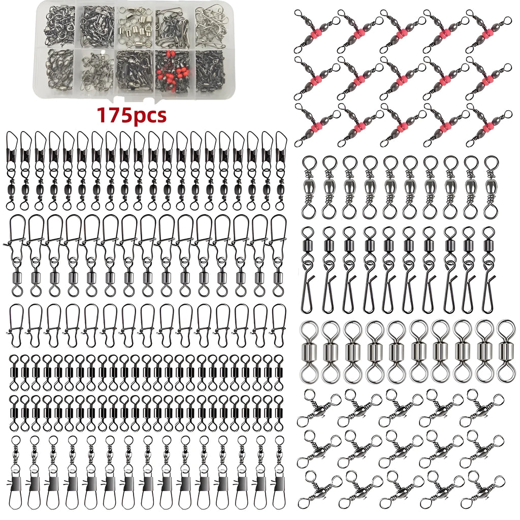 Boxed set of 175 ball bearing metal fishing connectors in a divided storage box