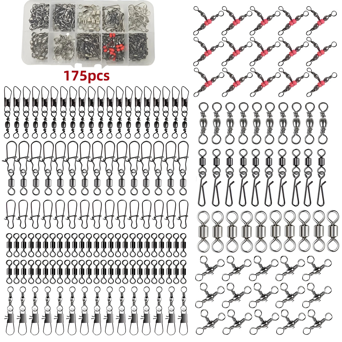 Boxed set of 175 ball bearing metal fishing connectors in a divided storage box