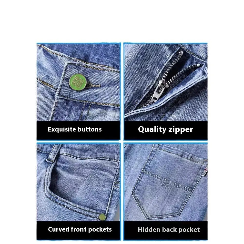 A pair of tapered fit stretch denim trousers in a light blue colour, laid flat.