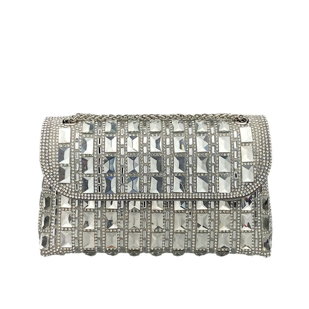Shiny glass rhinestone chain clutch bag with dedicated phone compartment in retro style