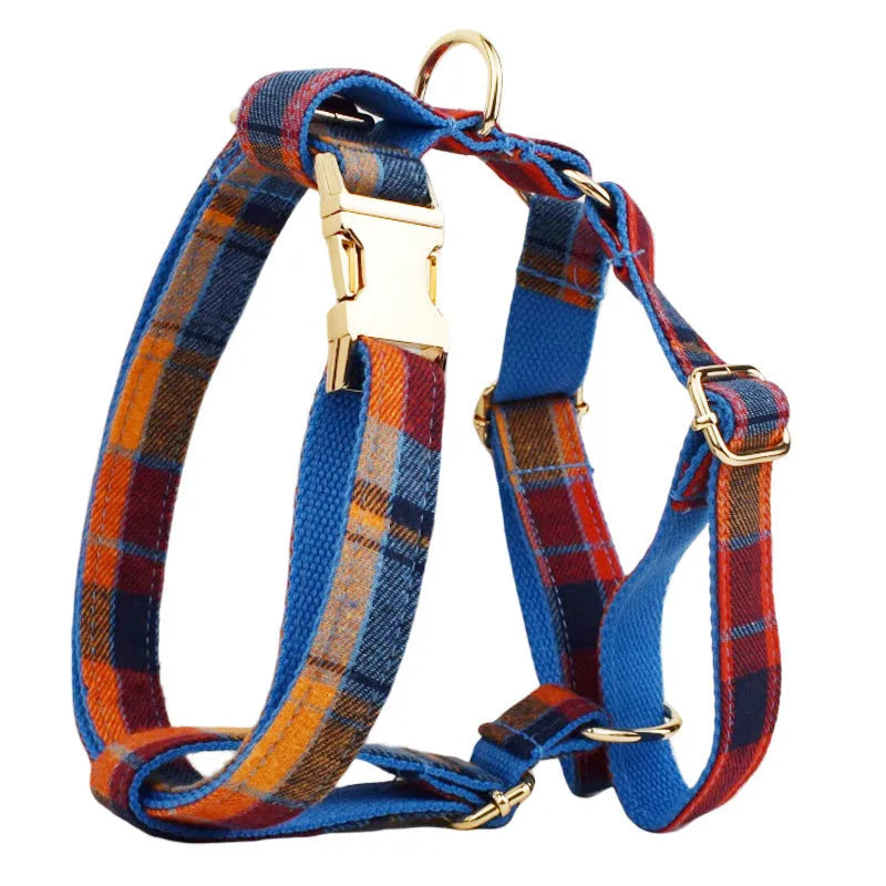 Four-piece dog fashion set showing collar, leash, bow tie and vest in coordinated cloth material