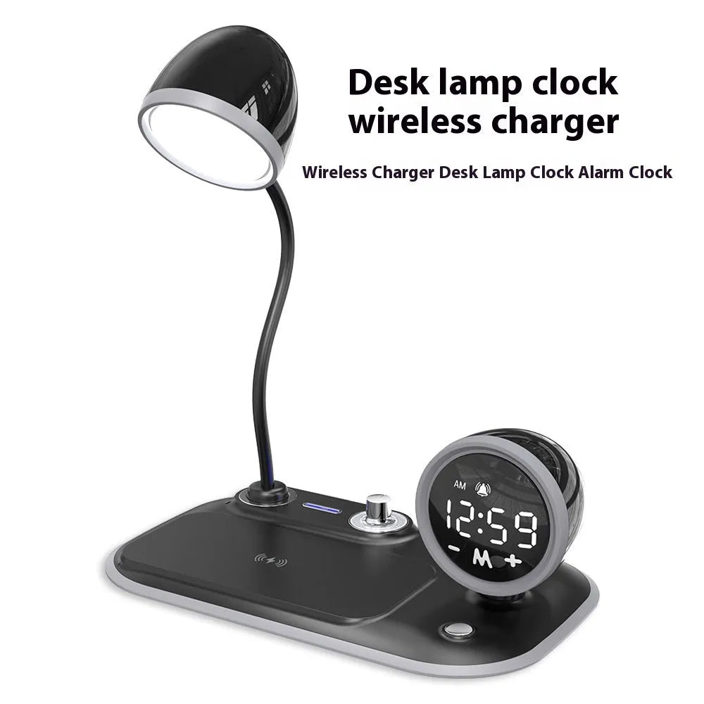 Three-in-one desk lamp with wireless charging pad and clock display in white or black colours