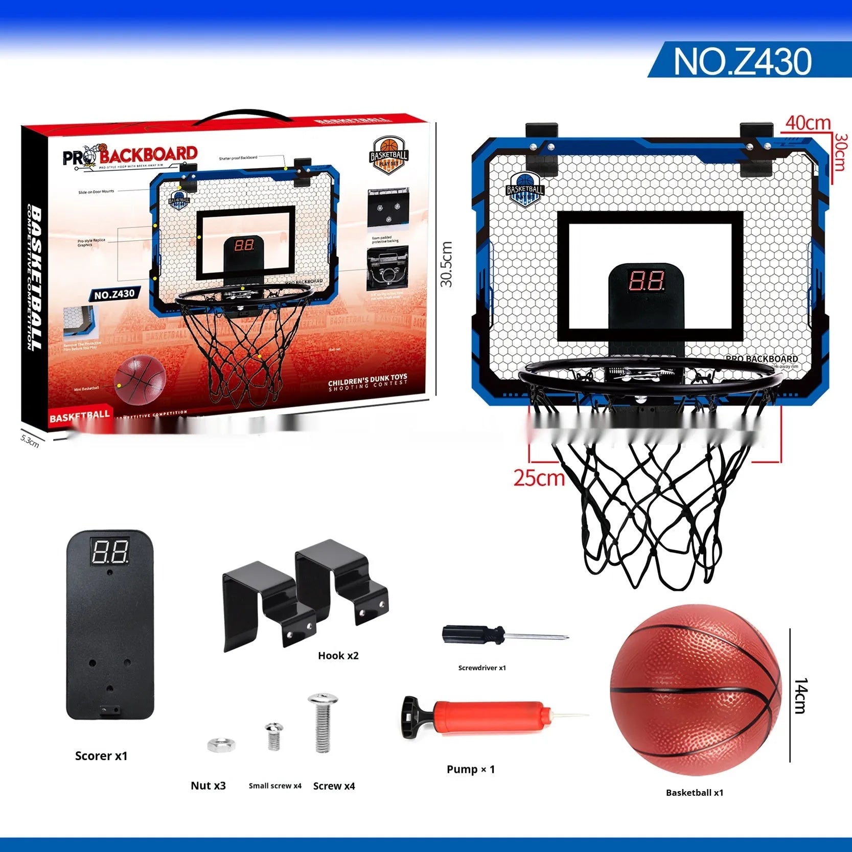 Red and blue folding basketball frame with suction cups and hook on a 400x300mm panel.