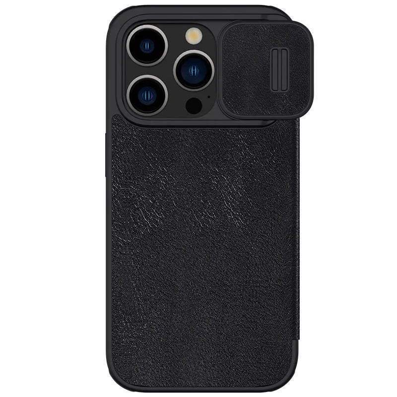 iPhone 15 Pro Max imitation leather flip wallet case in black showing front cover closed.