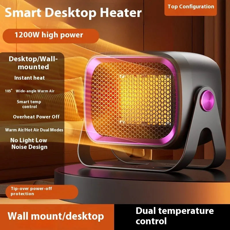 White PTC ceramic desktop heater with rotatable design showing control buttons and compact dimensions