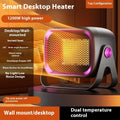 White PTC ceramic desktop heater with rotatable design showing control buttons and compact dimensions
