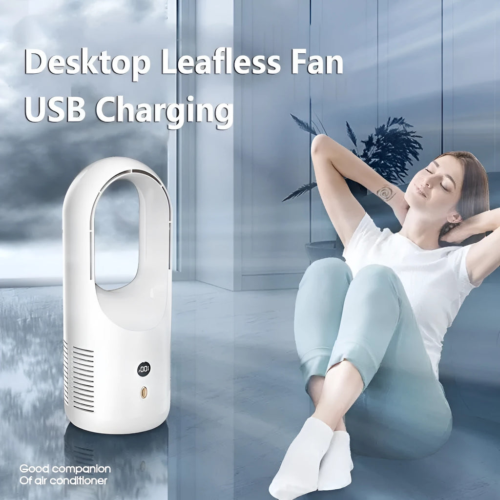 X28 bladeless desk fan showing LED display and 360-degree vent, with USB charging cable.