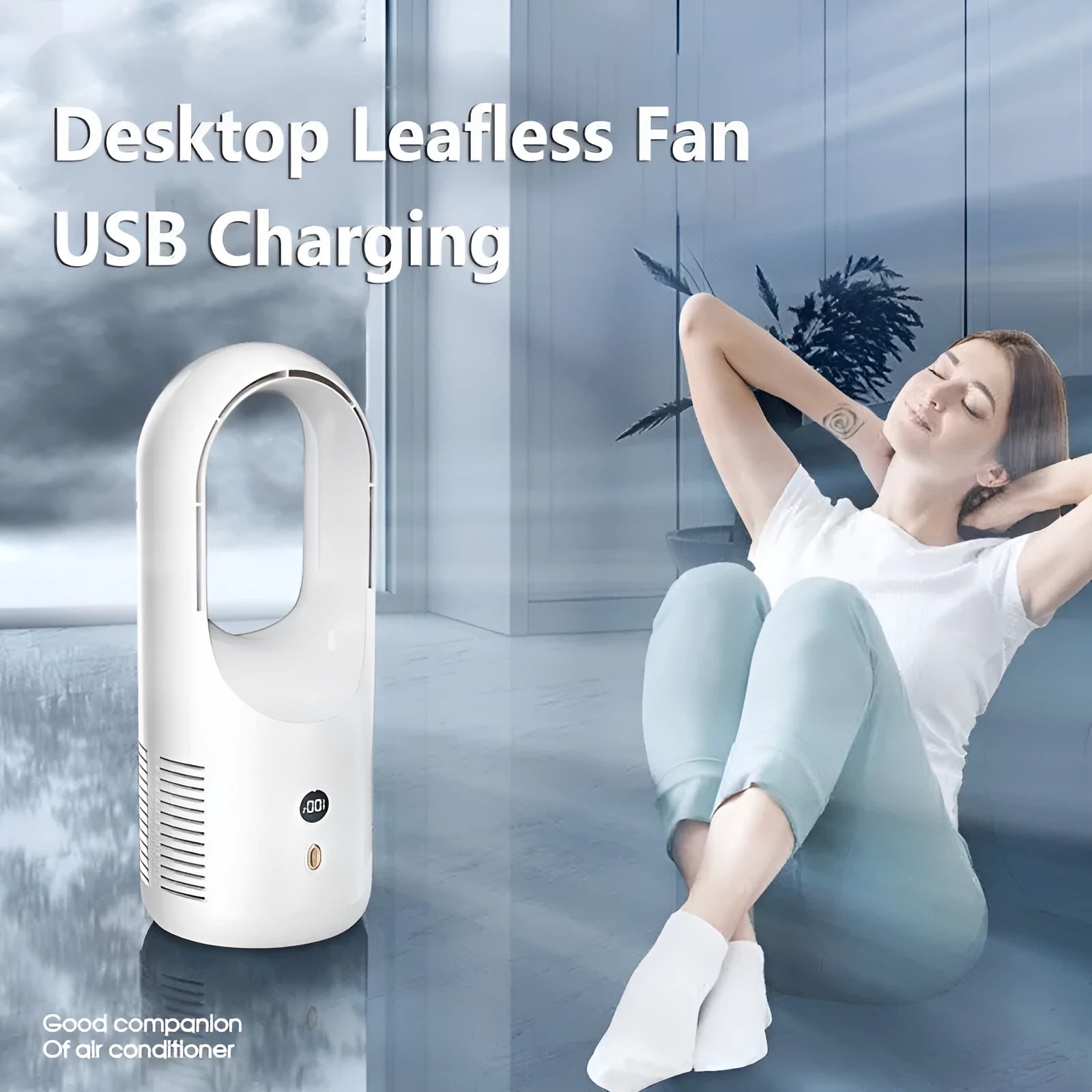 X28 bladeless desk fan showing LED display and 360-degree vent, with USB charging cable.