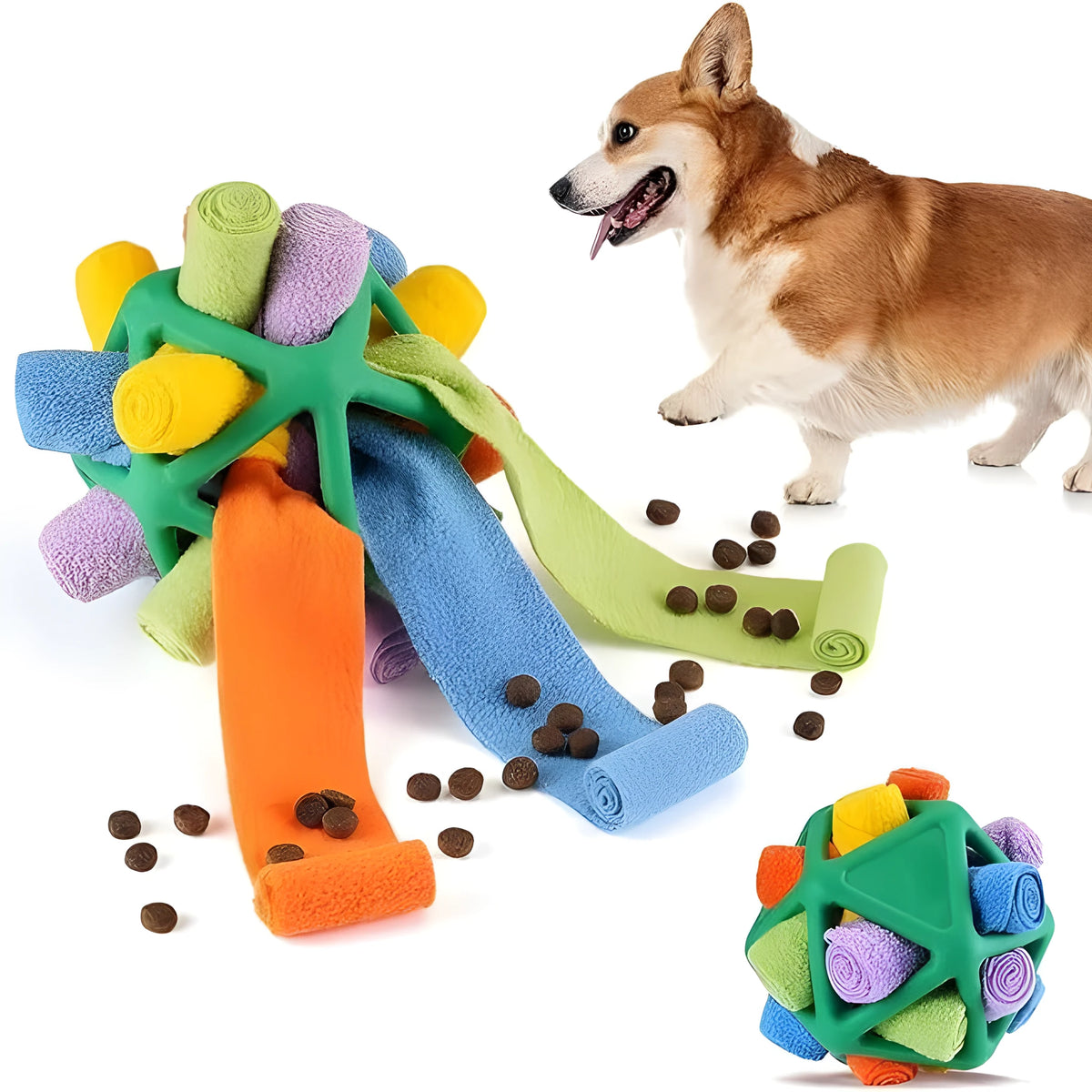 Polar fleece and TPR interactive pet sniffing ball in Green Rainbow colour, 15x15x15cm, with treat inside