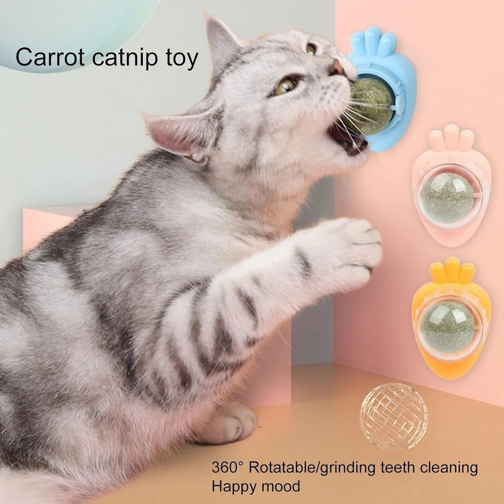 Blue carrot-shaped catnip toy with self-adhesive sticker for wall mounting and teeth cleaning