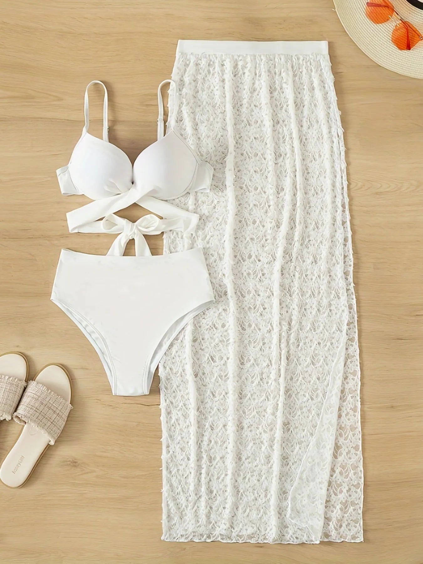 White three-piece swimsuit bikini set with gathered long skirt for swimming
