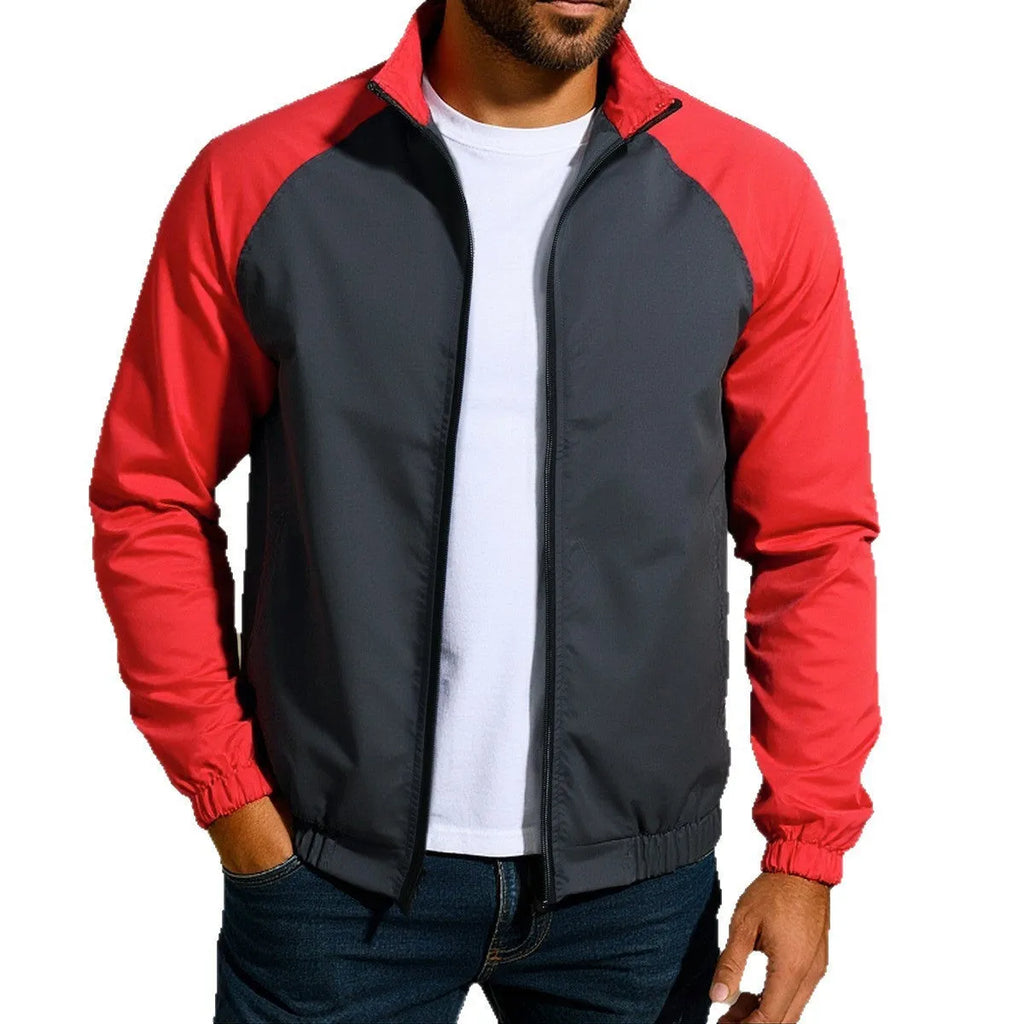 Men's loose fit casual jacket with a stand collar and raglan sleeves in a contrast colour.