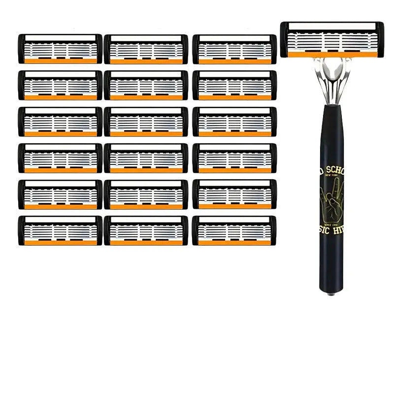 Black manual shaver holder with six-layer finger grip handle and multiple blade rests