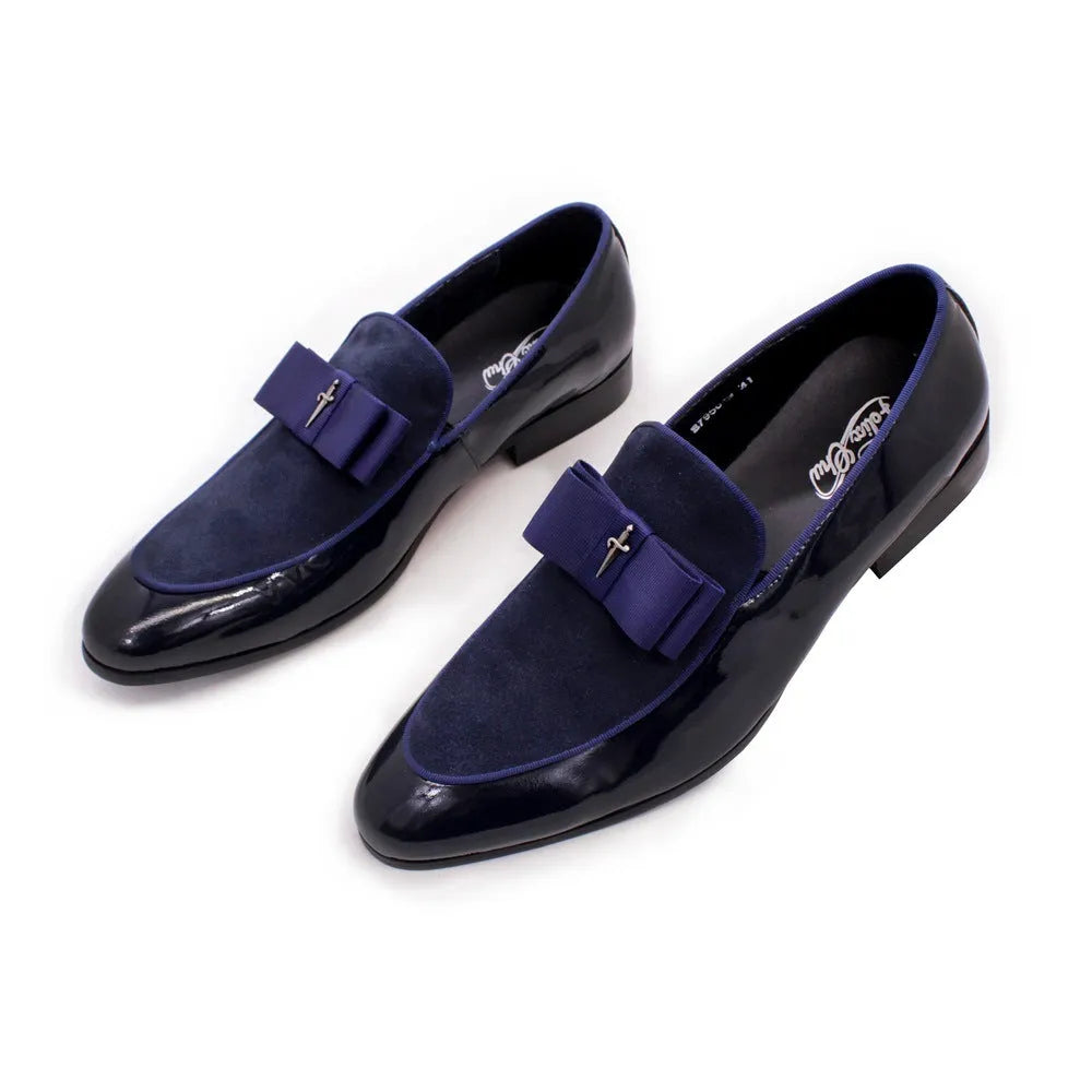 Men's glossy black patent leather low-top shoes with a tassel detail on a white background.