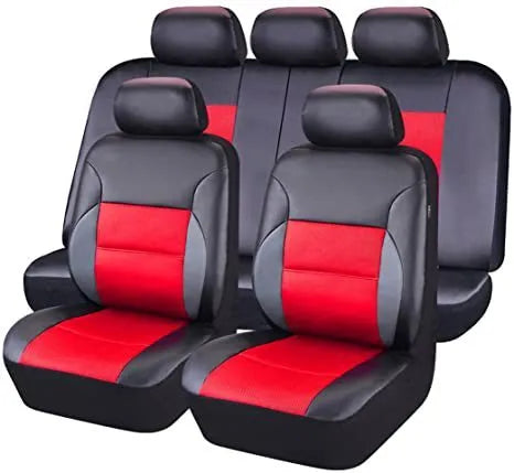 Auto artificial leather stitched 5-seater car seat cover set in black with dimensions for front seat, backrest, and backseat cushion