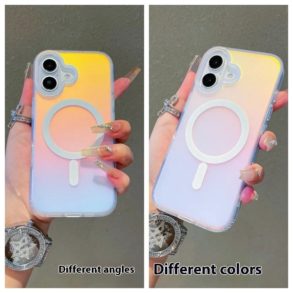 Laser gradient frosted magnetic phone case for iPhone 17 models on a table.