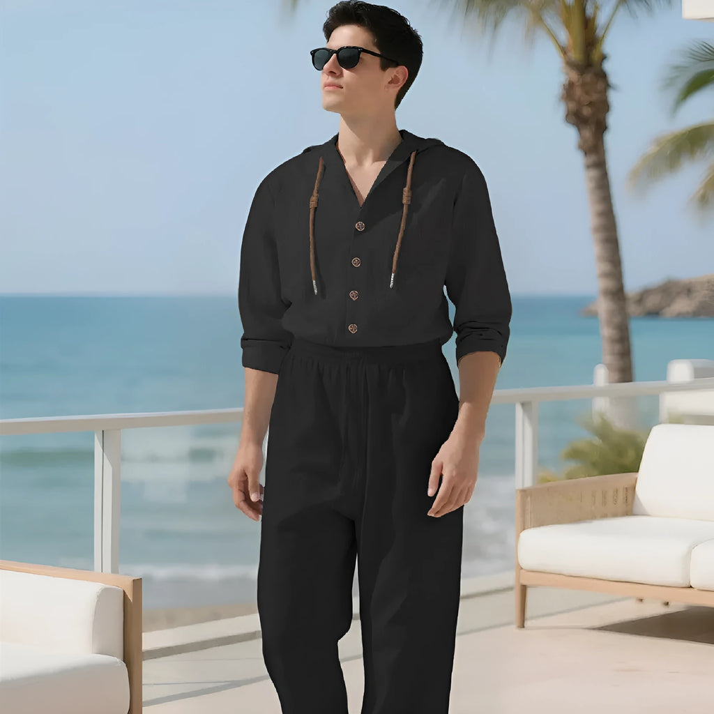 Men's grey cotton sports leisure suit with long sleeves and trousers on a hanger