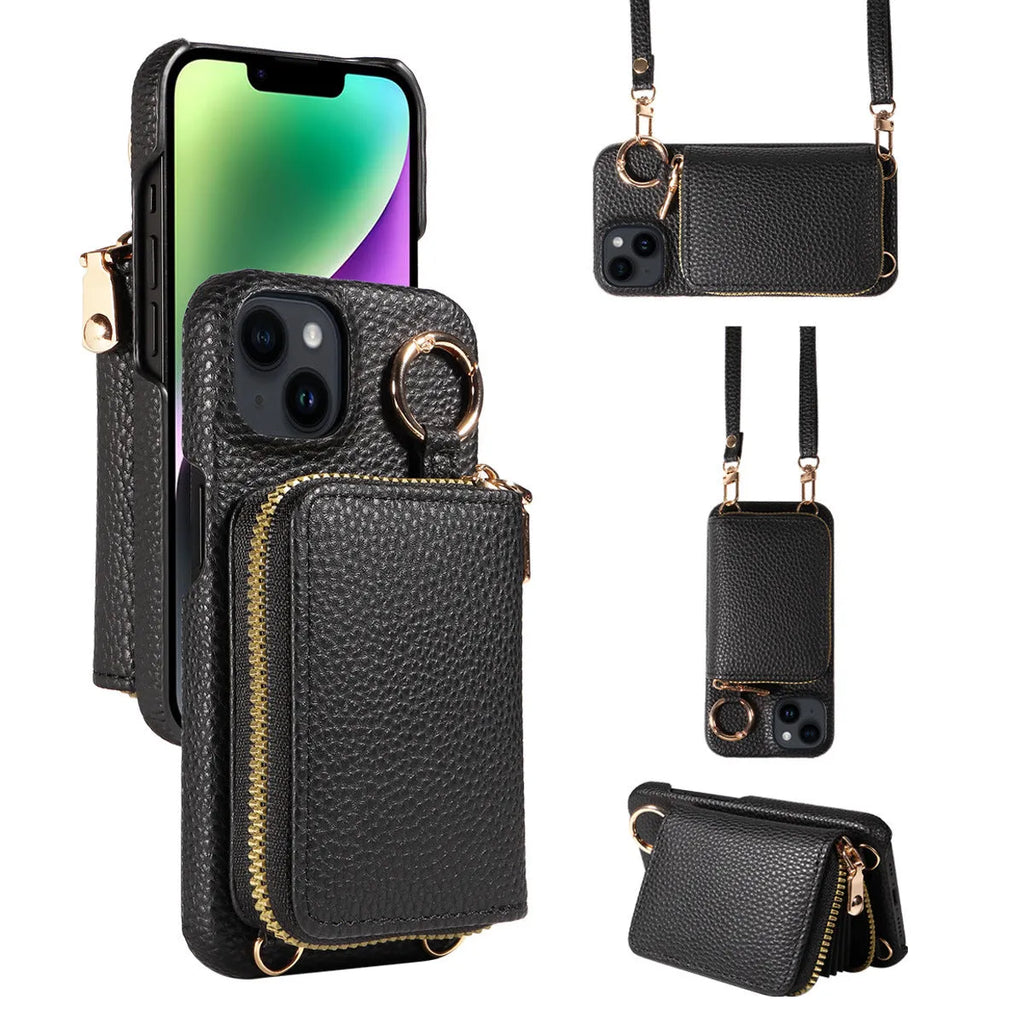 Imitation leather wallet phone case with card slots and crossbody strap, black colour, for iPhone 16 Pro Max