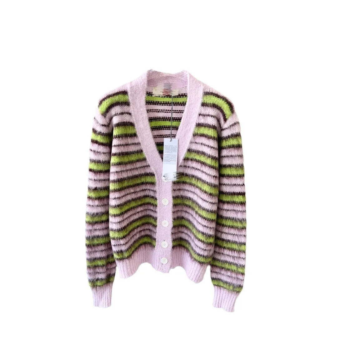 Pink wool knitted cardigan sweater with nap craft fabric and socialite style design