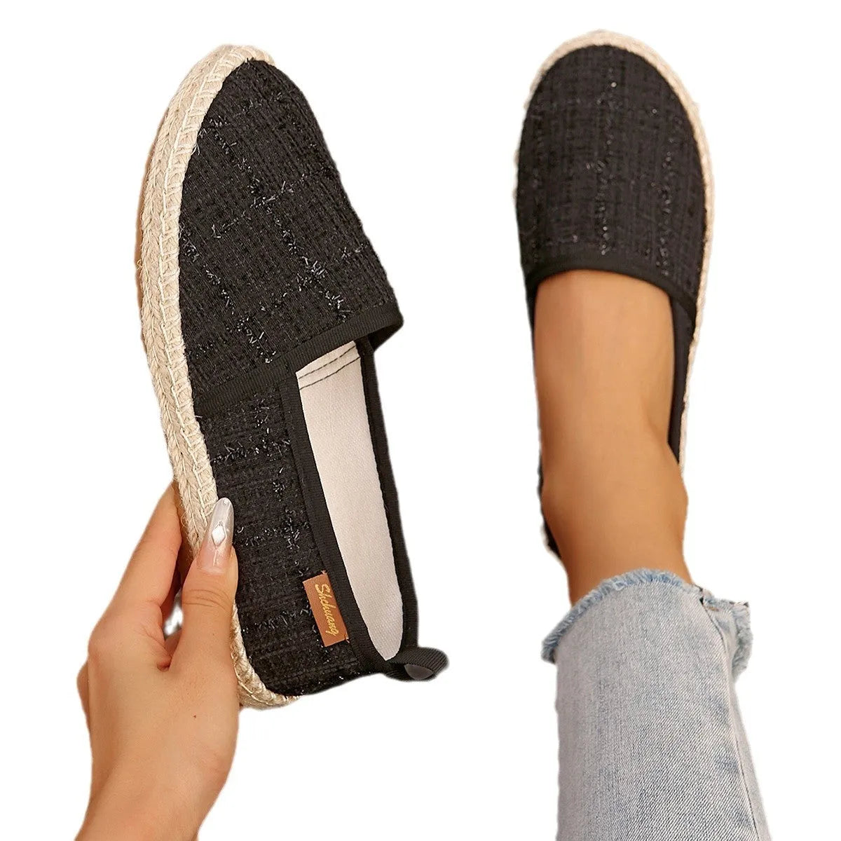 Beige rope sole fisherman shoes with canvas uppers and flat heels