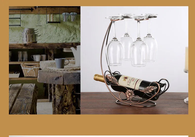 Iron wire wine rack decoration holding four goblets in a bronze finish on a shelf
