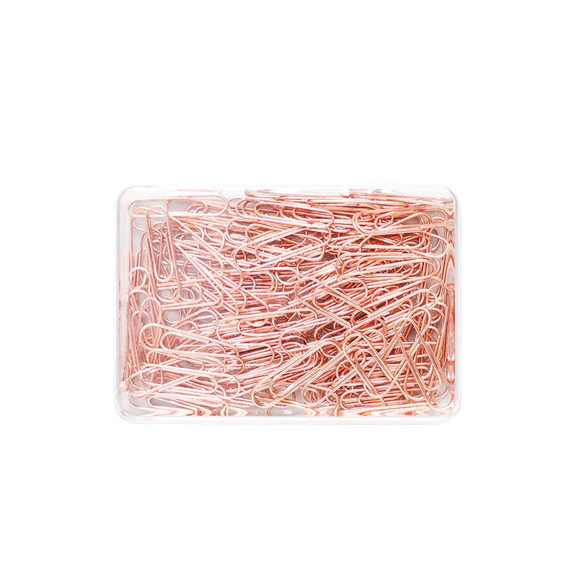 Rose gold coloured metal heart-shaped paper clips, size 28mm, in a box of 100 pieces.