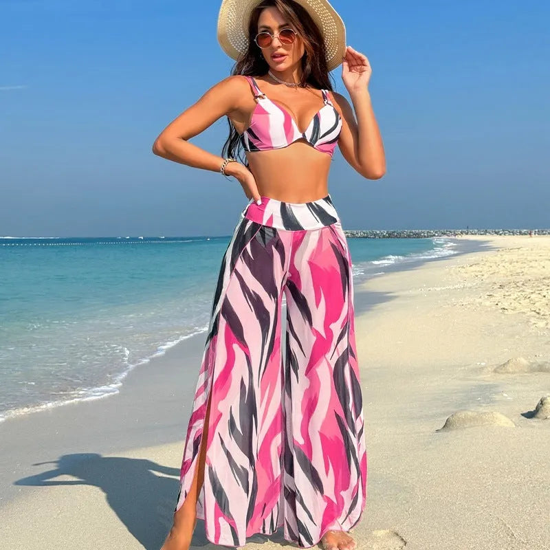 Women's printed bikini three-piece swimsuit set showing bra, shorts, and pants in various patterns