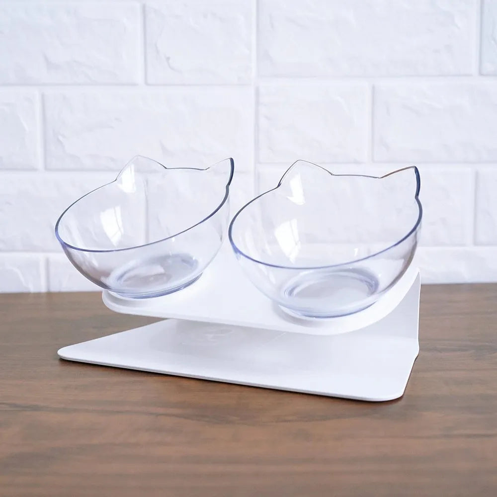 Non slip double cat bowl with raised stand transparent plastic pet feeder for dogs and cats