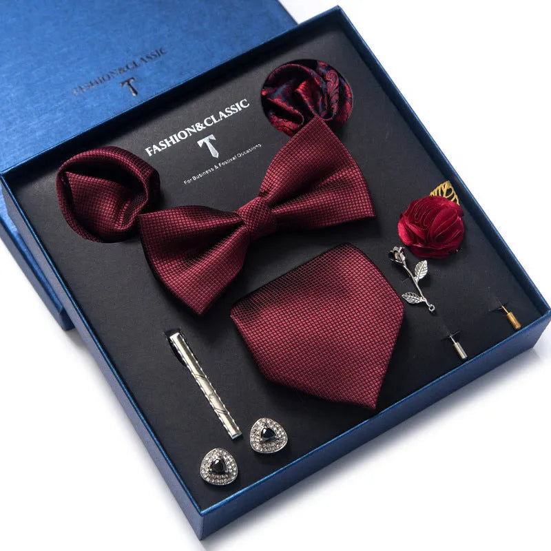 Men's 8-piece rayon jacquard bow tie set, heart shape arrow style, monochrome pattern, 146cm length