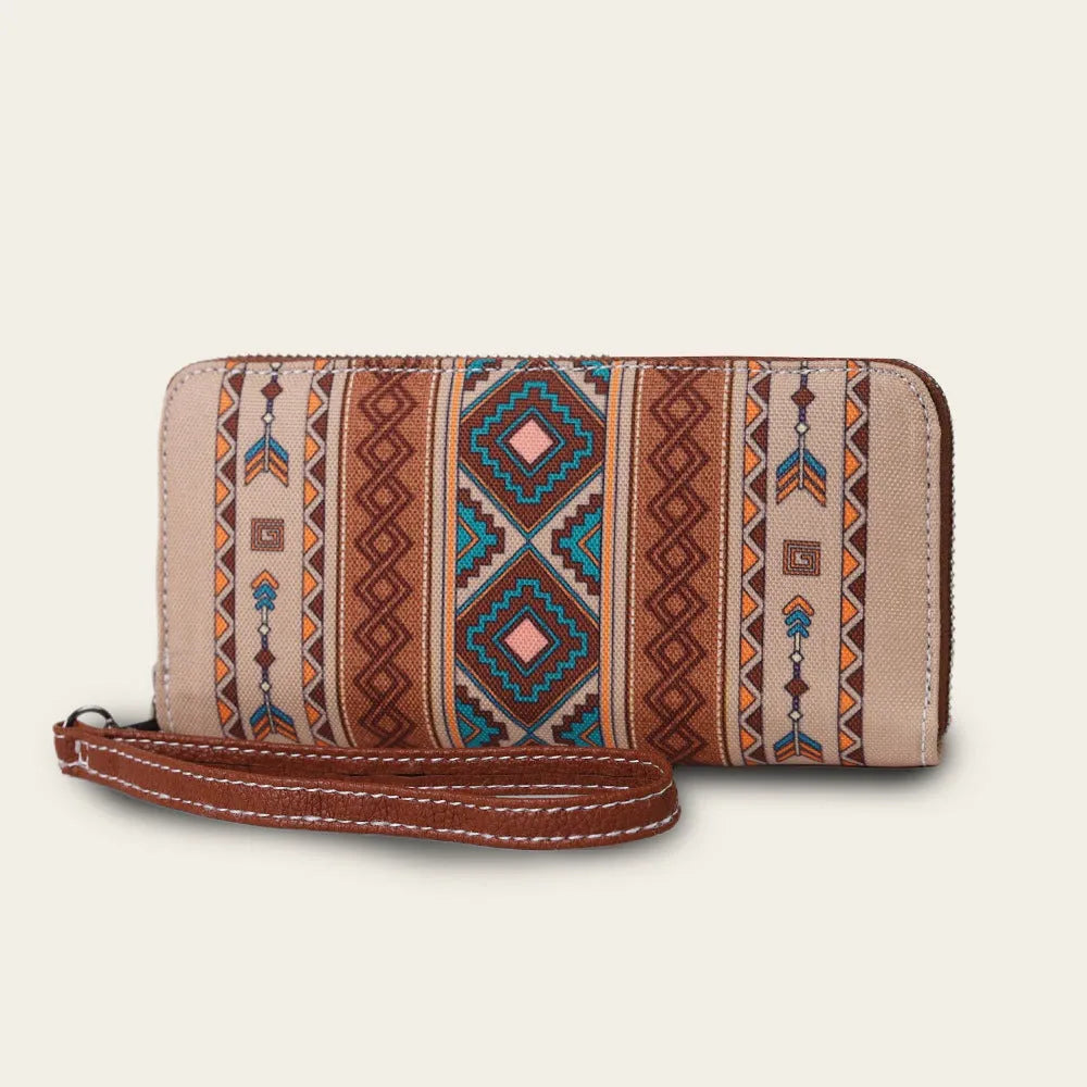 Bohemian striped canvas RFID wallet with wind belt closure in beige colour