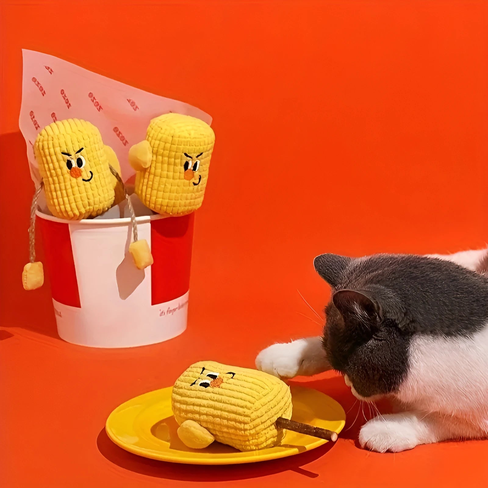 Corn cob shaped cat chew toy made from natural polio wood with catnip filling inside