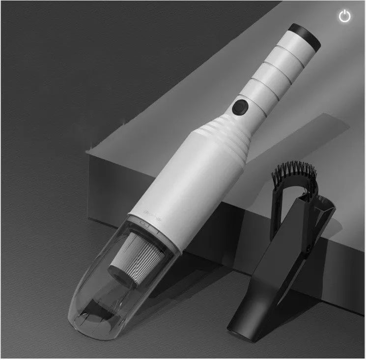 Wireless car vacuum cleaner in black or white with 450ml dust bin, extension hose, flat mouth long mouth, round mouth brush, adapter, and charger