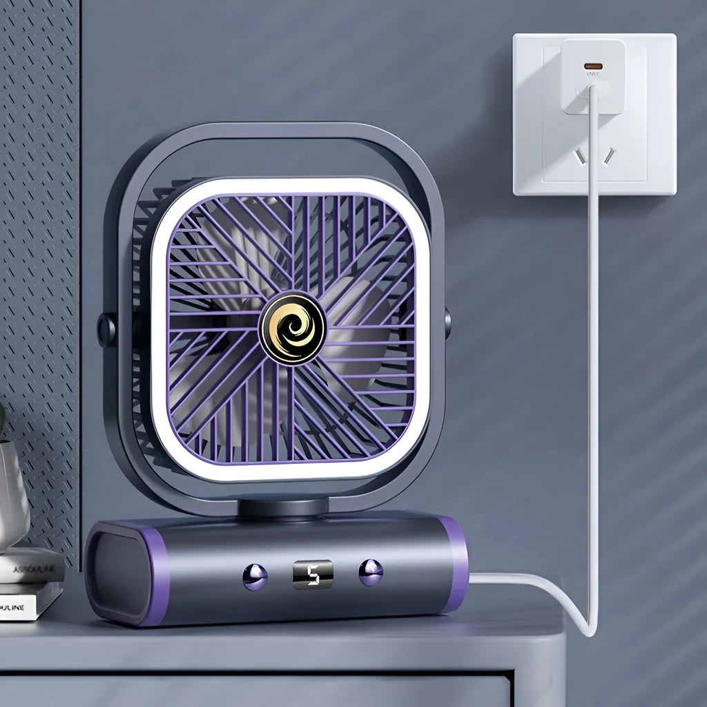 Rechargeable shaking head desktop fan in greyish purple with USB charging, brushless motor, 240x180x96mm