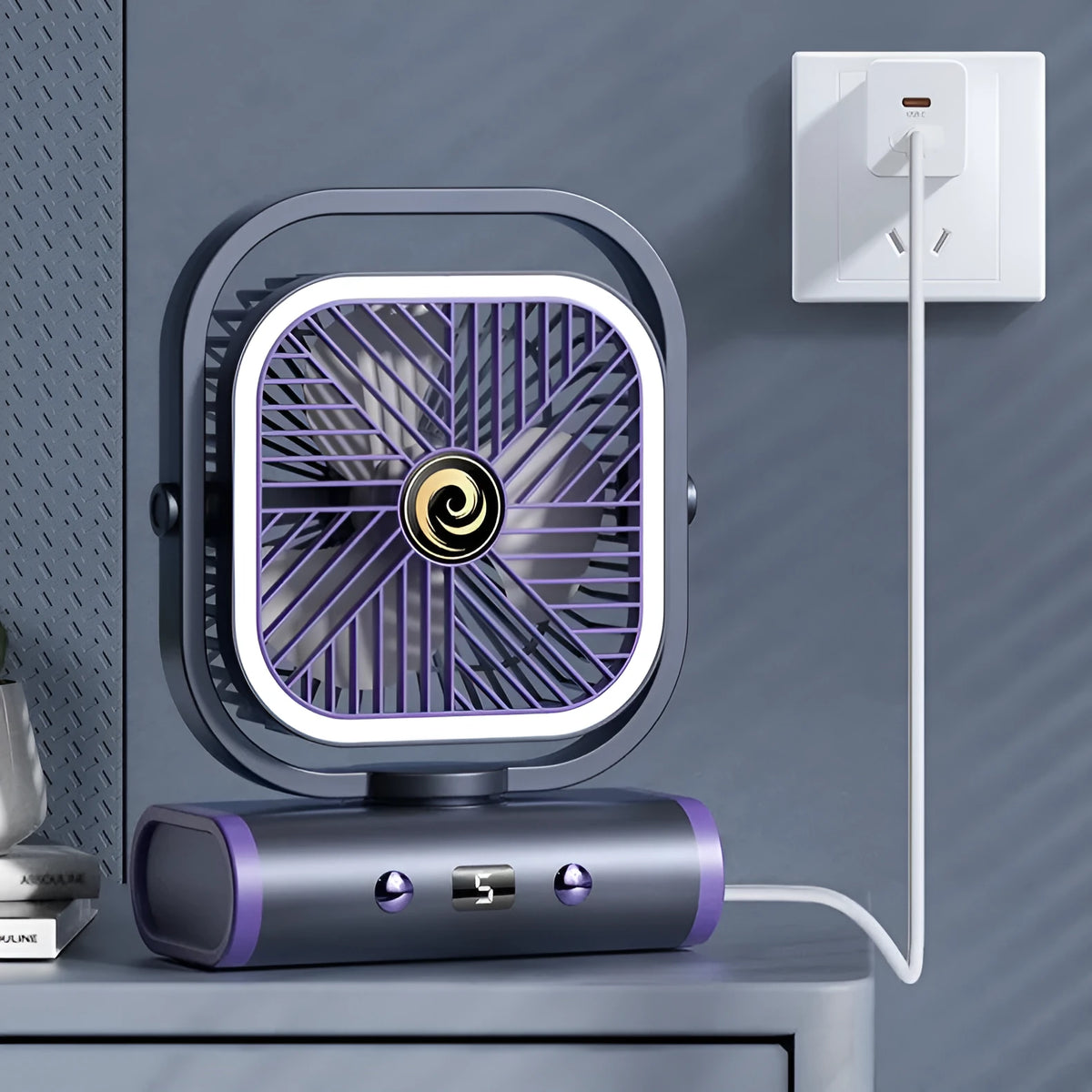 Rechargeable shaking head desktop fan in greyish purple with USB charging, brushless motor, 240x180x96mm