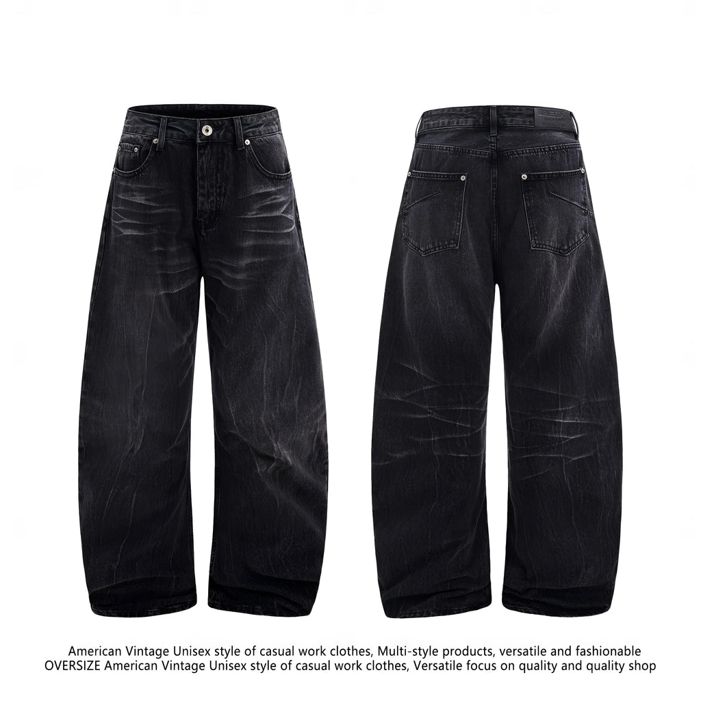 Men's black straight-leg jeans with lightning crack pattern on American washed denim