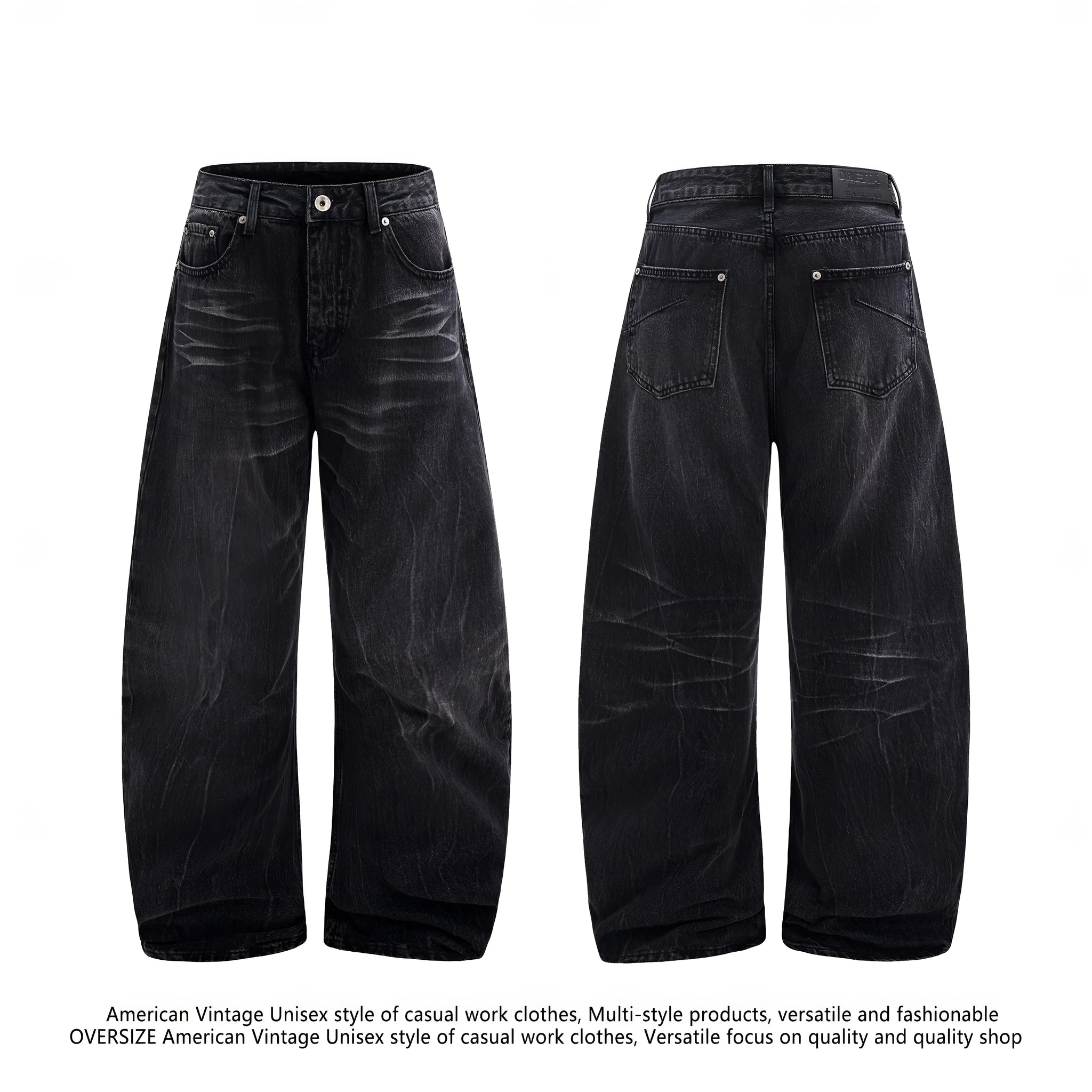 Men's black straight-leg jeans with lightning crack pattern on American washed denim